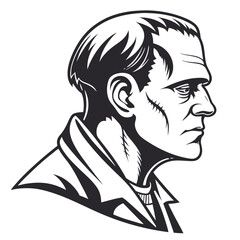 Stylized dark gray profile illustration of a man with a prominent forehead and scars on his face