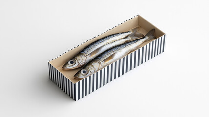 Minimalist sardine fish in striped box design for tote branding