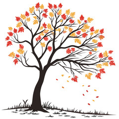 Obraz premium Stylized deciduous tree with red and yellow leaves falling in autumn against a white background