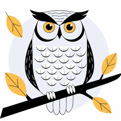 Stylized illustration of a white owl with yellow eyes perched on a branch with autumn leaves
