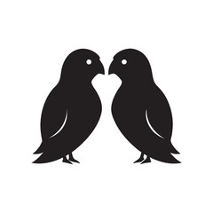 Obraz premium Two stylized black lovebirds facing each other in a symmetrical silhouette against a white background