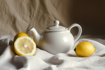 Minimalist still life with white ceramic teapot and lemon on linen cloth