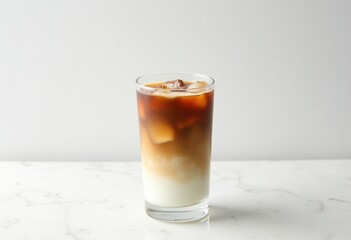 Iced latte coffee with milk on white marble background