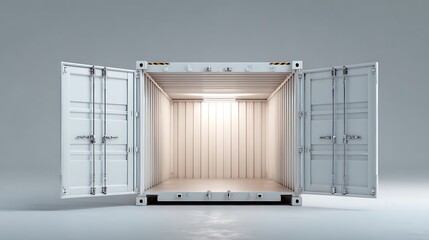 An empty white shipping container with its doors wide open, ready for cargo