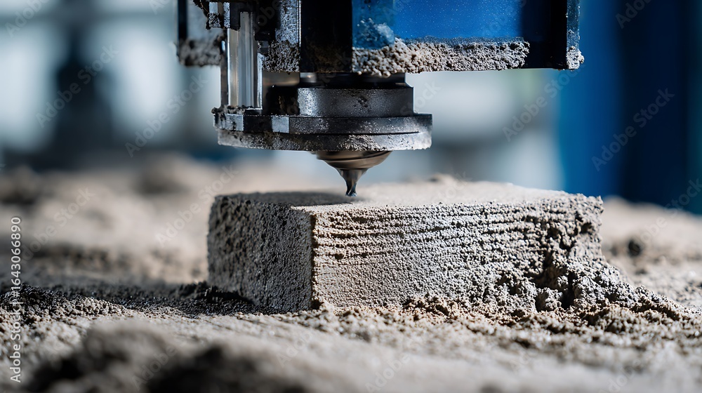 Poster milling machine working on material block close-up