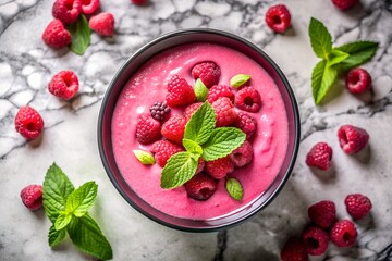 Delicious raspberry smoothie bowl with fresh mint leaves on marble table