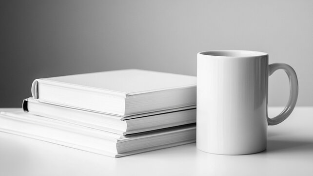 Monochrome still life of white books and coffee mug on matte surface