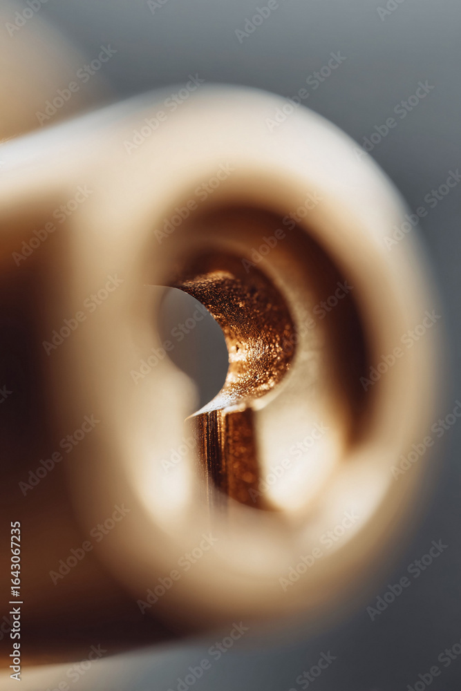 Poster intimate macro of a golden, tubular object with a central void, evoking ideas of precision, engineer