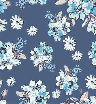 Elegant seamless floral pattern, hand-drawn flowers in blue and white tones with soft beige leaves, set against a navy background. textile prints, apparel design, home decor, gift wrap, packaging