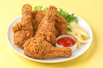 Crispy fried chicken is a dish made from pieces of chicken that have been coated with flour or a thin batter that is seasoned and fried, deep-fried, fried in a pressure fryer, or air-fried.