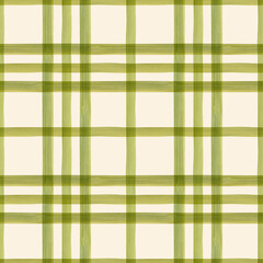 Hand painted illustration watercolor Olive green stripes  tartan on beige background. Plaid material. Checkered seamless pattern. Fabric, sketchbook, wallpaper, wrapping paper, bags, cards, banner