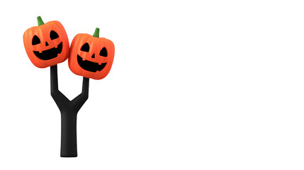 Whimsical tree features two smiling jack o lanterns as its branches, creating playful and festive atmosphere perfect for Halloween celebrations