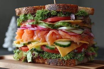 Fresh sandwich stacked with smoked salmon, lettuce, tomato, cheese, cucumber, and other vegetables, all on fresh bread.