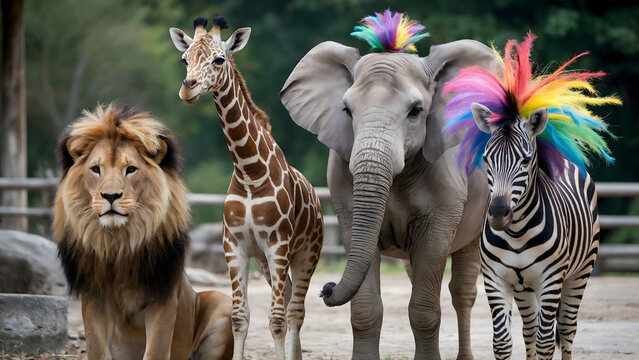 A group of animals including a lion giraffe elephant and zebra standing together in an outdoor setting