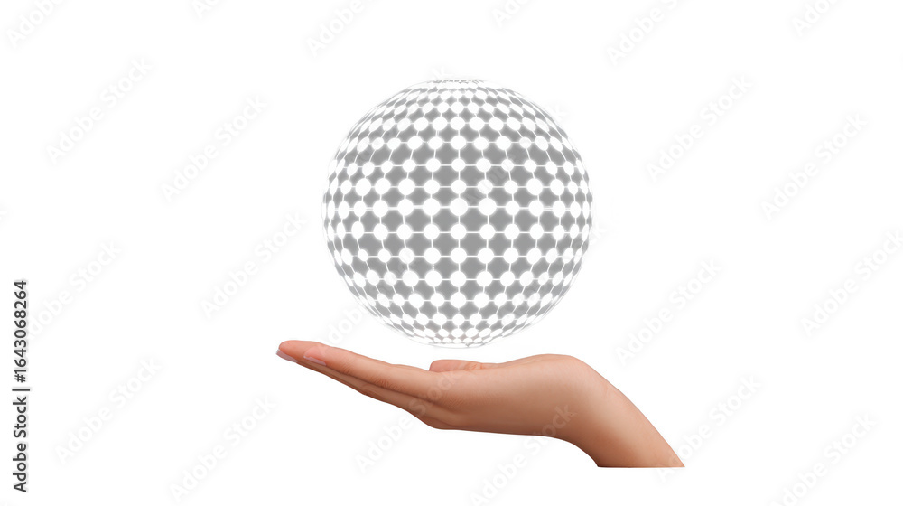 Poster hand holds transparent sphere with grid pattern, symbolizing technology and innovation. image convey