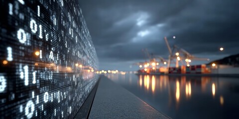 Futuristic Port Scene Digital Data Flowing on Shoreline with Advanced Maritime Technology Elements