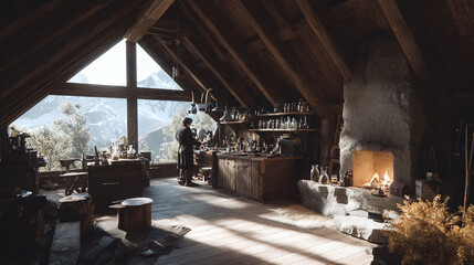 Attic laboratory with a stunning mountain view. A workspace of creation and reflection, blending rustic charm with a sense of alchemical possibility. For fantasy or unique themes.