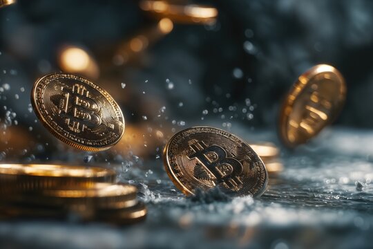 Bitcoin monedas cayendo en agua turbulenta, simbolizando la volatilidad del mercado cripto.