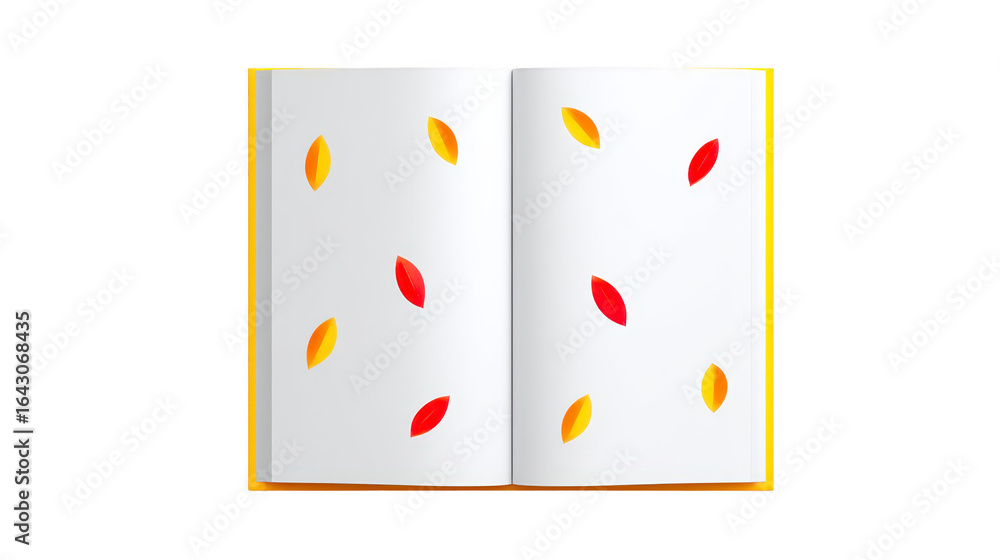 Poster vibrant open book displays colorful leaf shapes in red and yellow, creating cheerful and inviting at