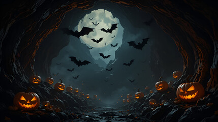 Spooky flying bats in a dark cave with jack-o-lanterns, darkness, bats silhouettes, flying bats