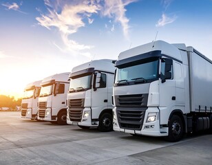 Fototapeta premium Row of white trucks at sunset