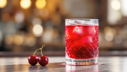 A fresh glass of cold cherry juice with ice and a green cherry is isolated on a white background