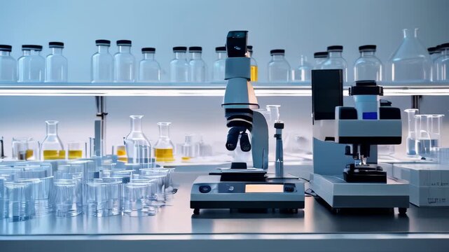 Video showing a chemistry lab setup on a table with colorful chemicals, glassware, and biological equipment against a blue background