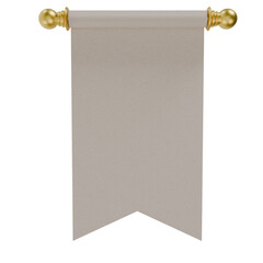 Elegant vertical hanging banner with gold rod ends, blank beige fabric for design template, event decoration, signage, or award display, 3d render