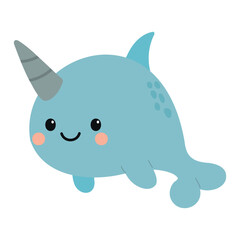 A cute cartoon narwhal with a light blue body and a gray spiral tusk. The narwhal has a smiling face and rosy cheeks, swimming in a playful manner.