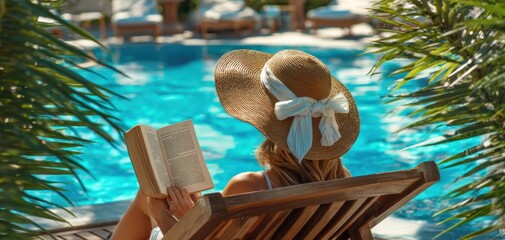 The serene woman reading by the tranquil poolside.