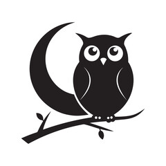A charming dark blue owl silhouette perched on a branch against a crescent moon background