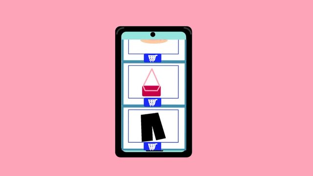 Shopping animation through mobile phone. Online store interface with clothes, hat, bag. Scrolling screen movement. Shopping cart icon. Modern digital commerce scene.