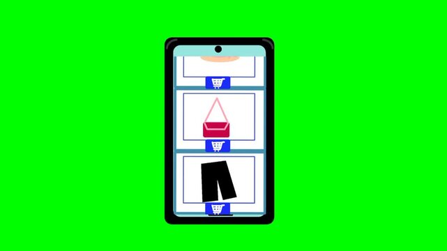 Shopping animation through mobile phone. Online store interface with clothes, hat, bag. Scrolling screen movement. Shopping cart icon. Modern digital commerce scene.