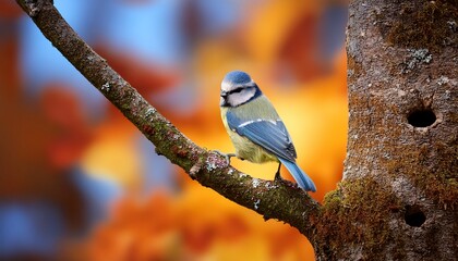 Bird - Blue Tit (Cyanistes caeruleus) perched on tree Cute blue tit sitting on the branch. Cyanistes caeruleus. Wildlife scene with a song bird. Autumn in the nature.