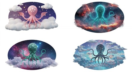 Four fantastical octopuses in space illustrations
