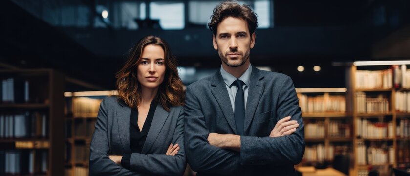 The confident professionals standing together in a modern library setting.