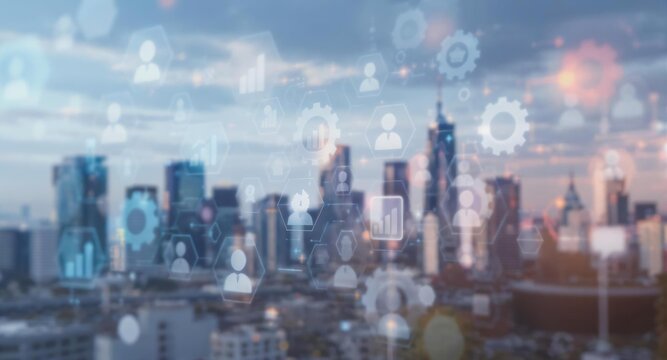 Modern City Skyline with Digital Technology Overlay