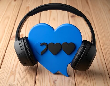 Headphones rest on a blue heart-shaped speech bubble with three black hearts