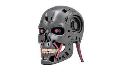 Futuristic robotic skull design featuring metallic surfaces, glowing red eyes, and intricate mechanical details. This striking image evokes sense of advanced technology and innovation