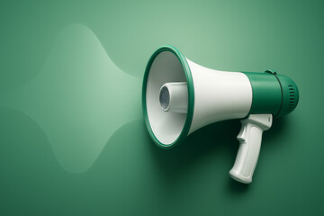 A green and white megaphone with sound waves emanating from the horn, set against a solid green background.