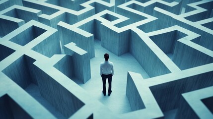 A man navigates a complex maze made from directional arrows, representing choices and strategic challenges. 