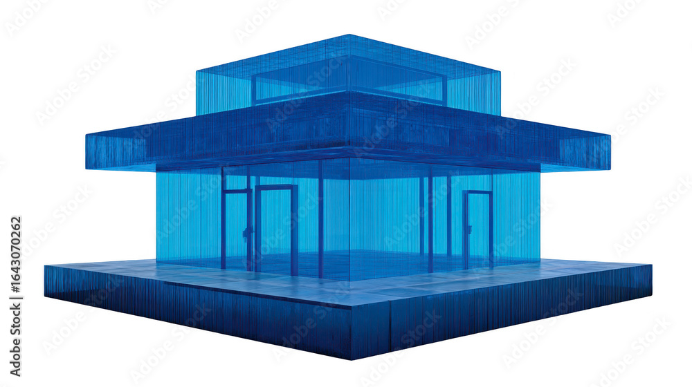 Poster modern architectural structure featuring transparent blue exterior, showcasing unique design with mu