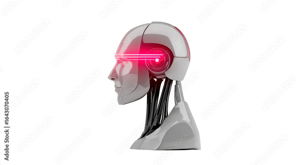 Poster futuristic robot head with sleek design features shiny surface and glowing red eyes, symbolizing adv