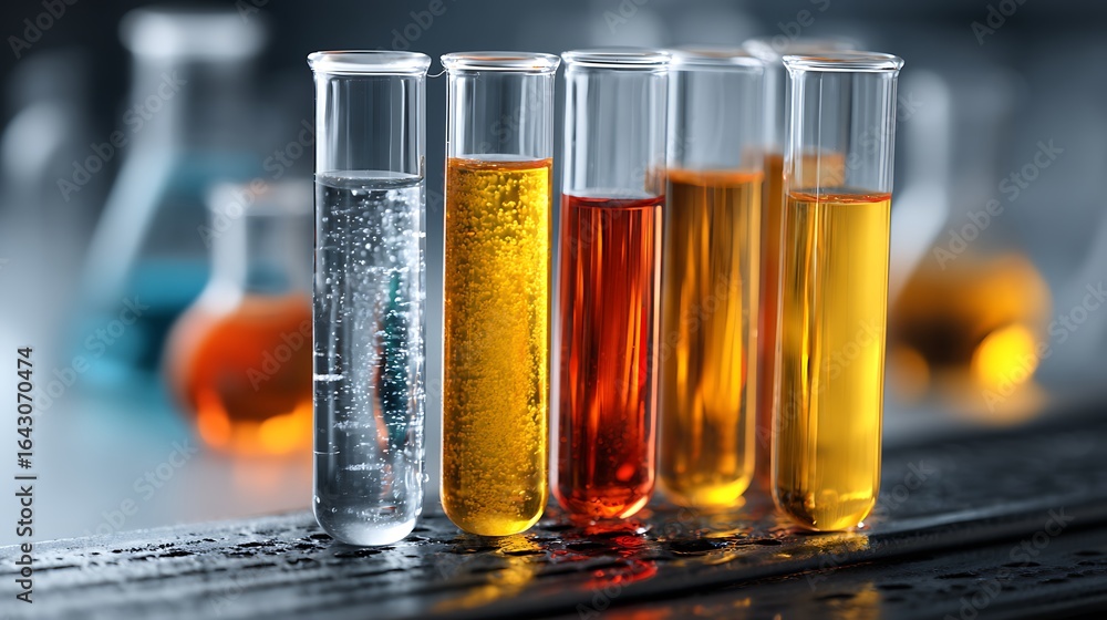 Poster examining colorful liquid samples in test tubes in a science lab
