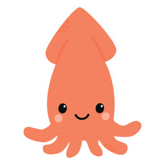 A cute cartoon squid with a smiling face. The squid is orange with rounded features and large eyes, set against a simple background.