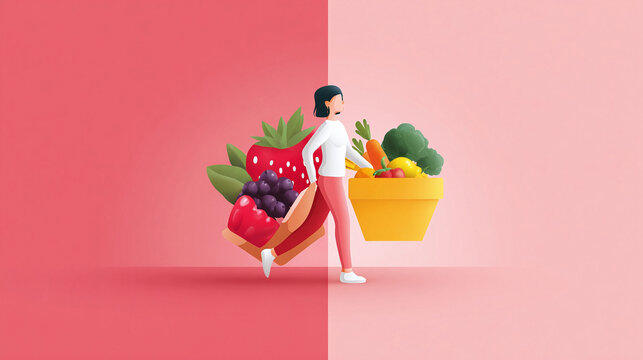 Stylized illustration of a woman carrying oversized fruits and vegetables concept for healthy eating, lifestyle and nutrition. Great for food, wellness and creative projects.