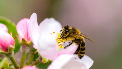 Honeybee pollinating a delicate pink and white blossom