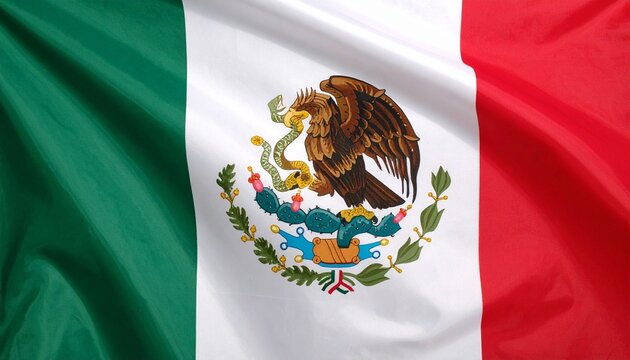 Mexican flag showing detailed coat of arms with eagle devouring snake atop cactus, vibrant green, white, and red stripes, symbol of national identity and cultural heritage. - Powered by Adobe