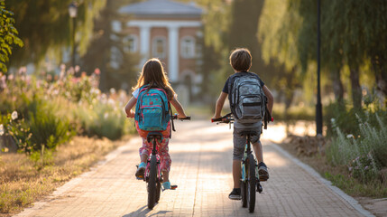 Naklejka na ściany i meble Two young children on bicycles with backpacks, riding away from camera down sunny path. Image represents the daily commute to and from school, friendship, journey home after day of learning