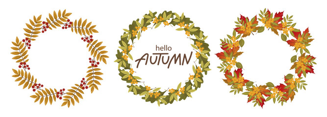 Three autumn wreaths featuring colorful leaves and berries in a vector illustration. Each wreath showcases distinct autumnal elements, conveying the essence of the fall season.